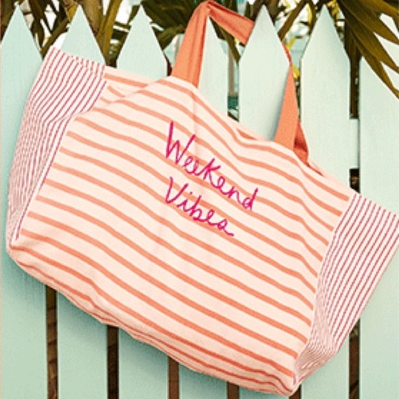 Loft Cream with Orange Striped Weekend Vibes Summer Large Tote Bag - Picture 1 of 6